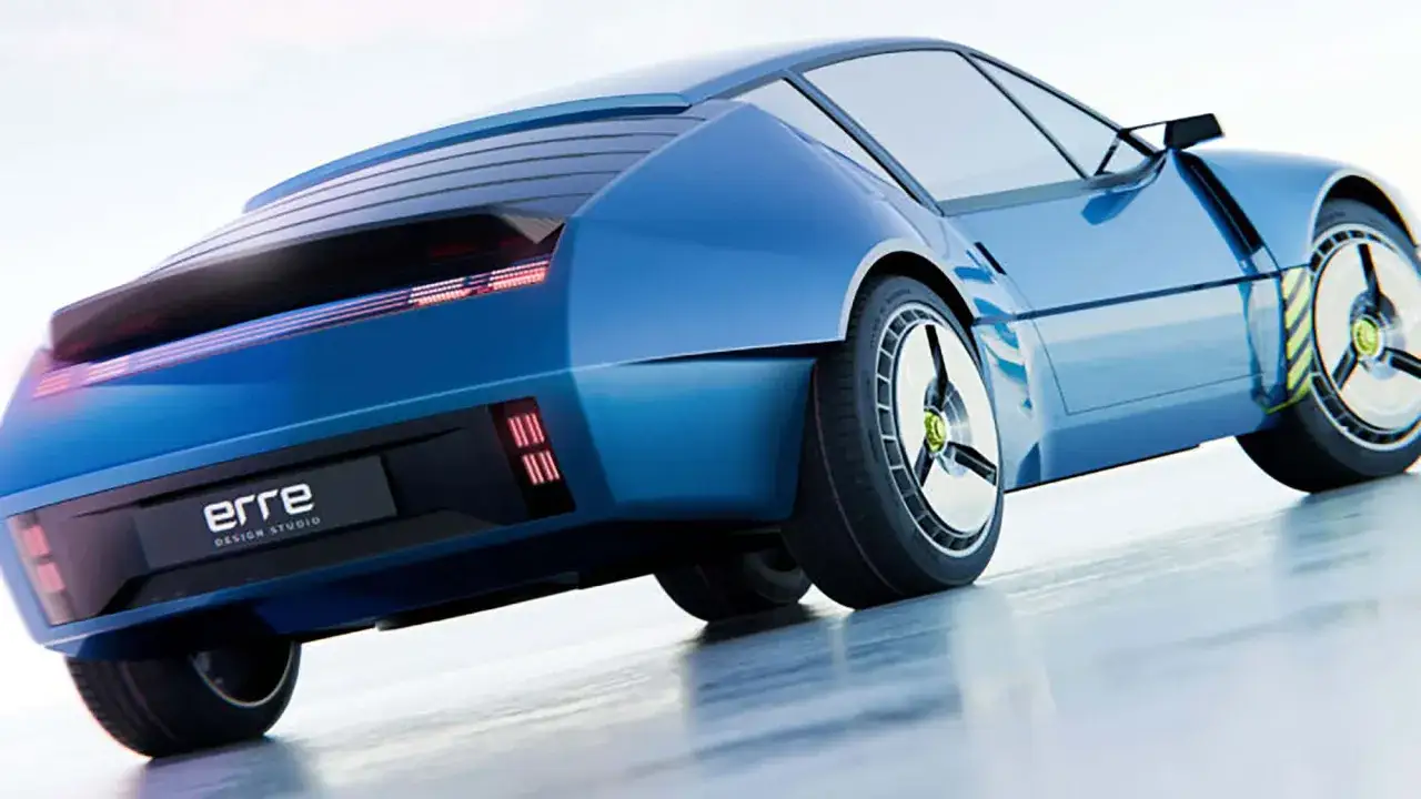 Blauer Renault Alpine A310 mit futuristischem Design, R&uuml;ckansicht.