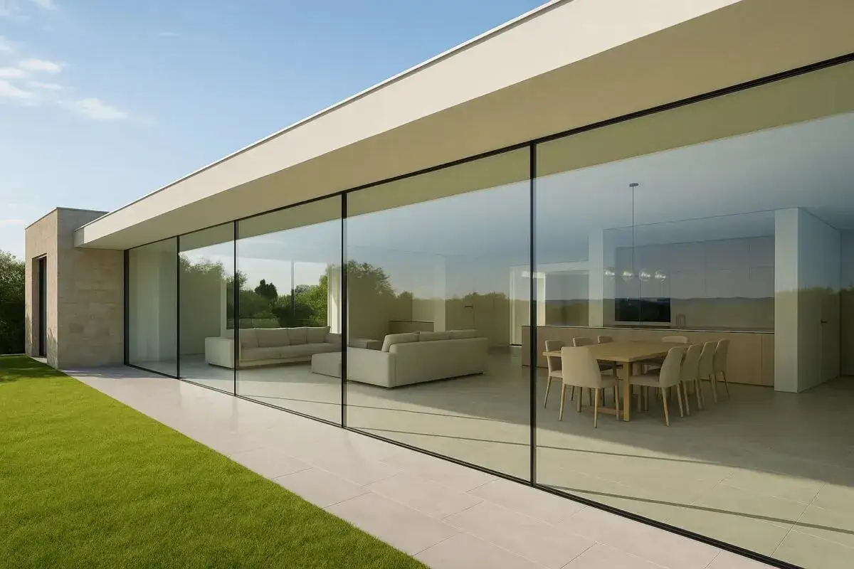 Detalle de una moderna casa con una gran ventana sin marco que revela un salón y comedor minimalistas.