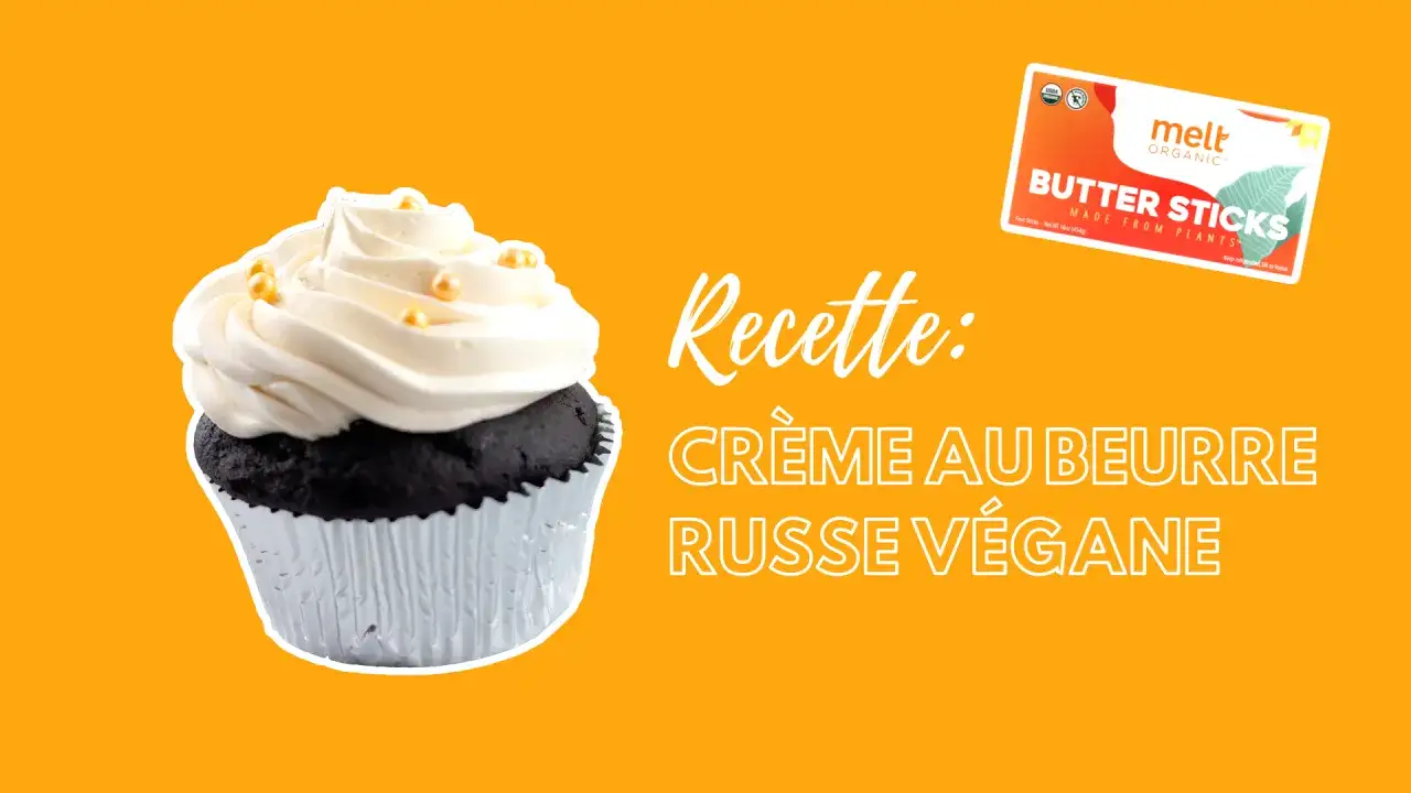 Un cupcake orné d'une crème au beurre russe végétalienne, avec une boîte de Melt Organic Butter Sticks.