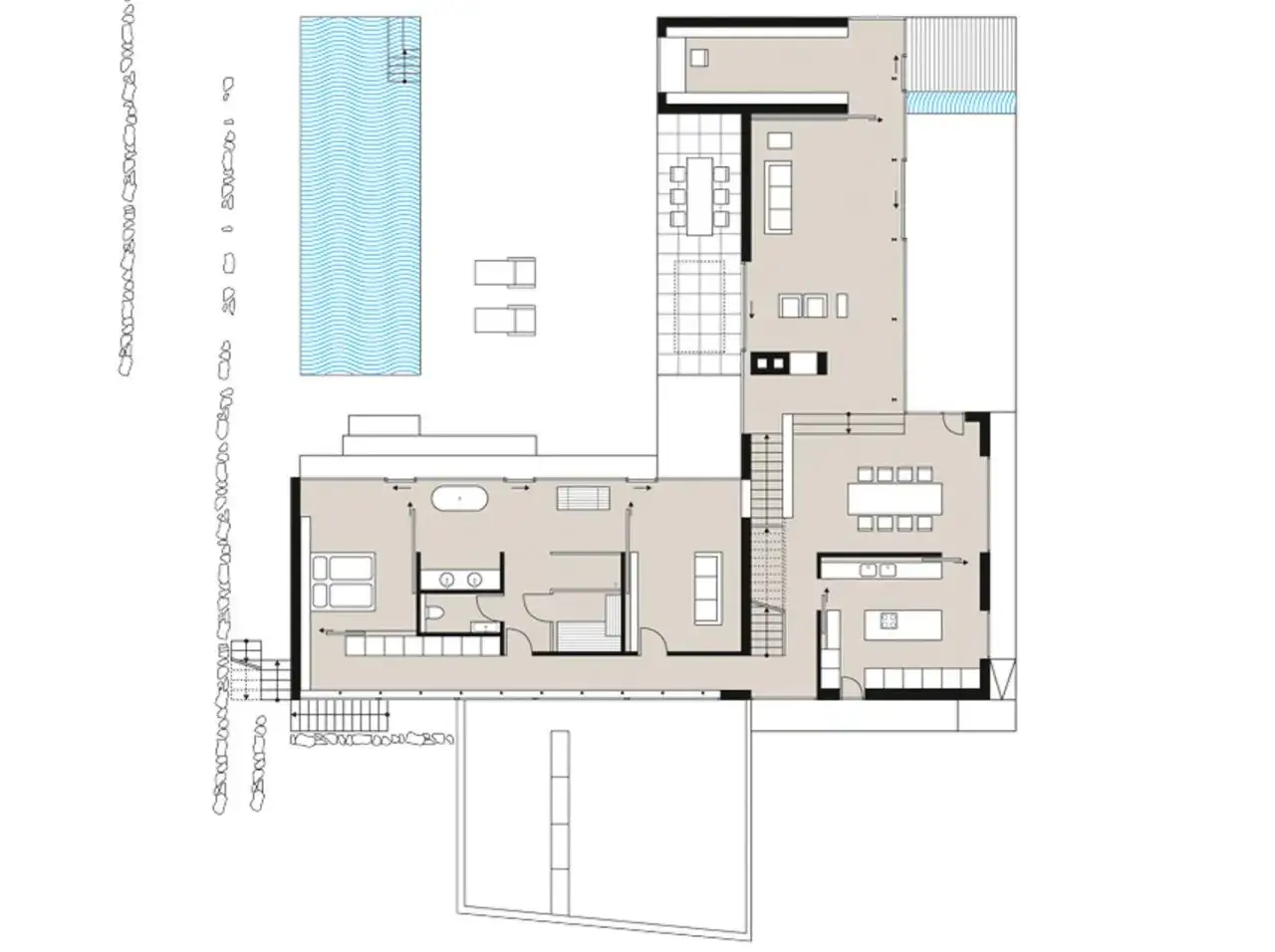 Grundriss eines modernen Hauses mit Pool, Wohnbereichen, K&uuml;che und Schlafzimmern. Dies ist eine gute bungalow definition.