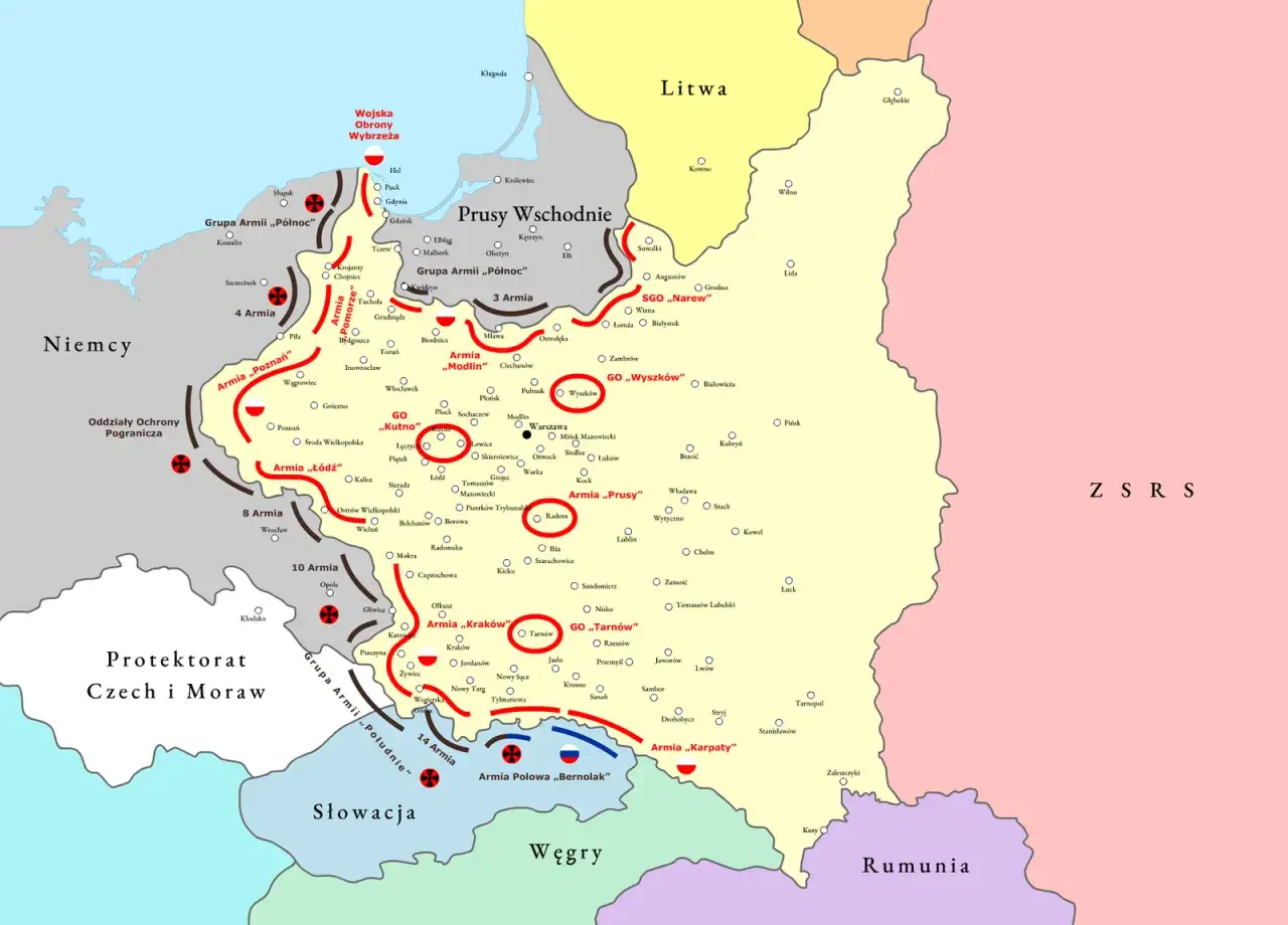 Mapa przedstawia rozmieszczenie wojsk w Polsce, z zaznaczonymi armiami i grupami armii, w tym Armią „Prusy” i miastem nad Bzurą.