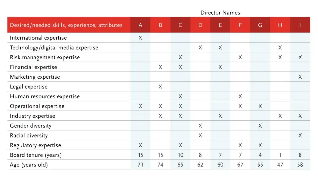 Table showing director names and their desired/needed skills for board of directors recruitment.