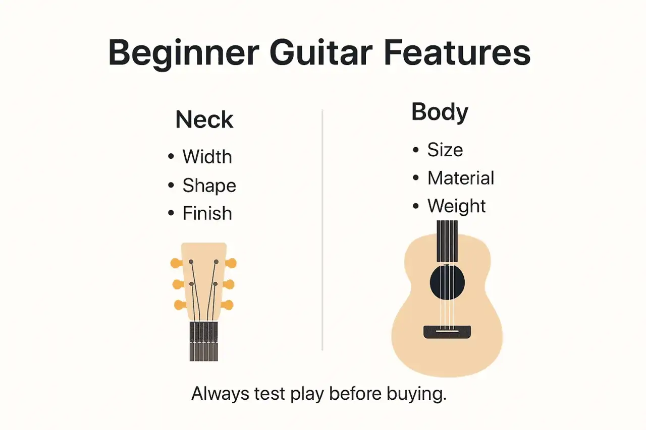 Guide pour d&eacute;butants : quelle guitare choisir ? D&eacute;tails sur le manche (largeur, forme, finition) et le corps (taille, mati&egrave;re, poids).