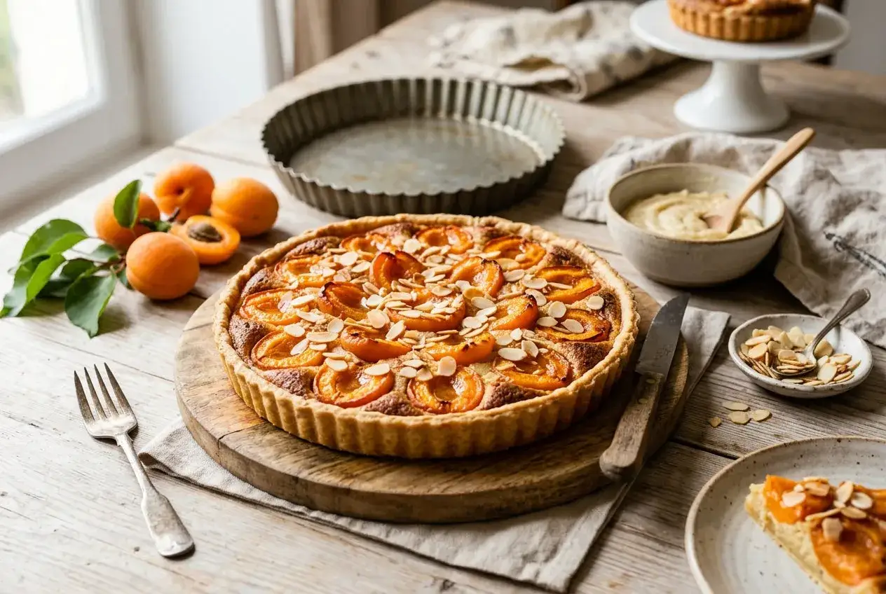 Une d&eacute;licieuse tarte aux abricots, garnie d'amandes effil&eacute;es, est pr&ecirc;te &agrave; &ecirc;tre d&eacute;gust&eacute;e. Des abricots frais sont dispos&eacute;s &agrave; c&ocirc;t&eacute;.
