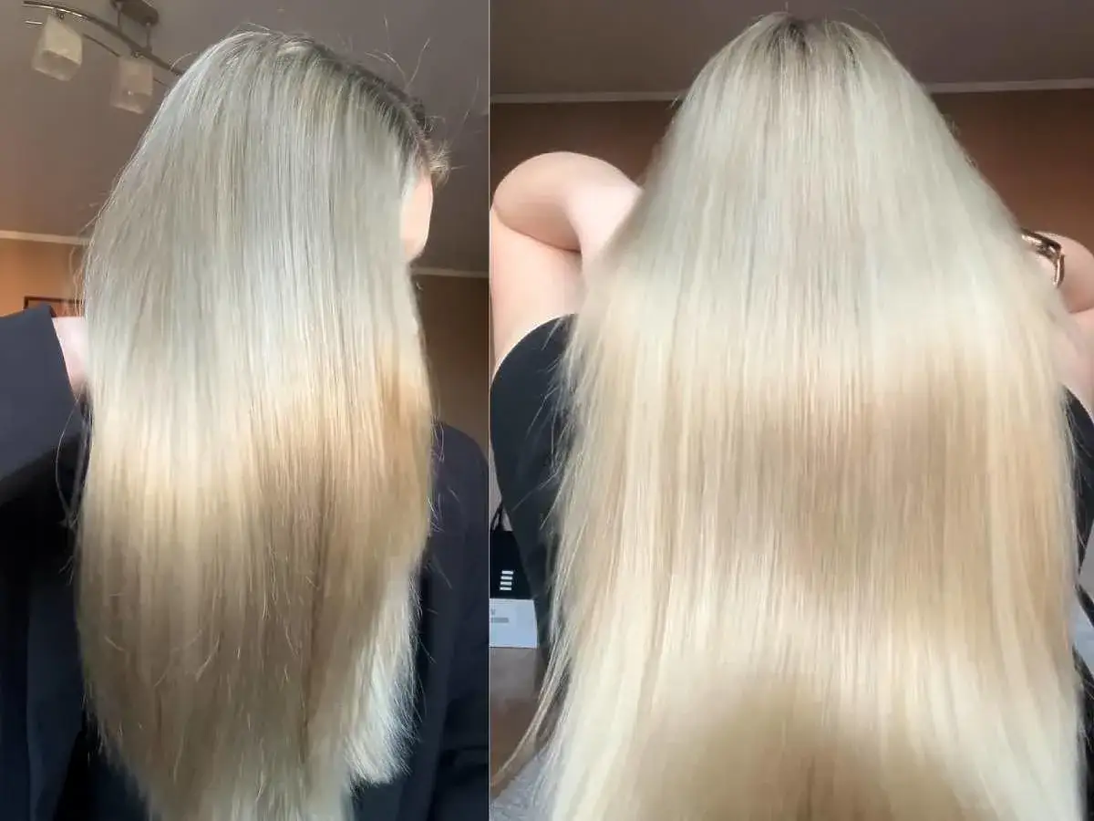 Długie, blond włosy po zastosowaniu wody lamelarnej Neboa. Włosy są gładkie, lśniące i zdrowe.