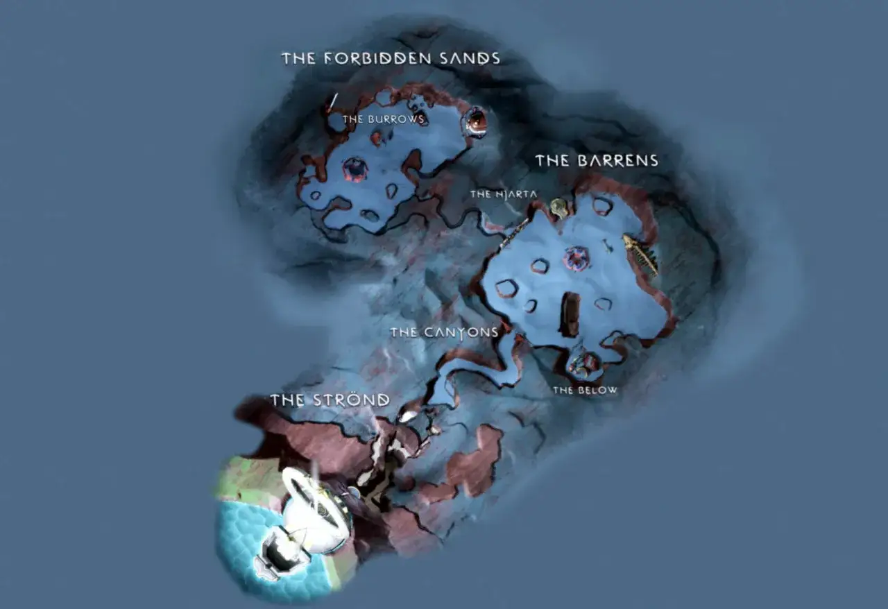 Mapa de los hallazgos de God of War Ragnarök: The Forbidden Sands, The Burrows, The Barrens, The Hjarta, The Canyons, The Below y The Strönd.