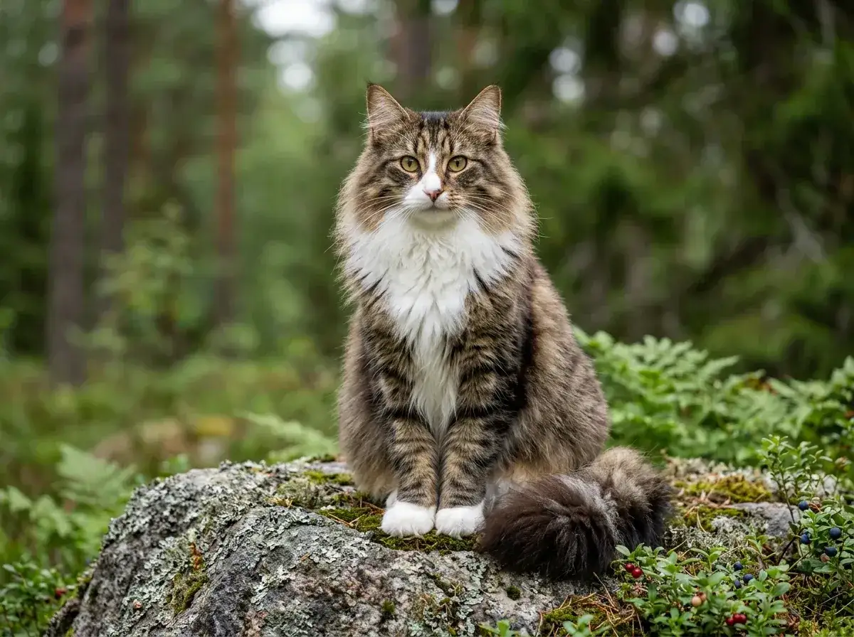 Piękny norweski leśny kot siedzi na kamieniu w lesie, otoczony zielenią i jagodami.