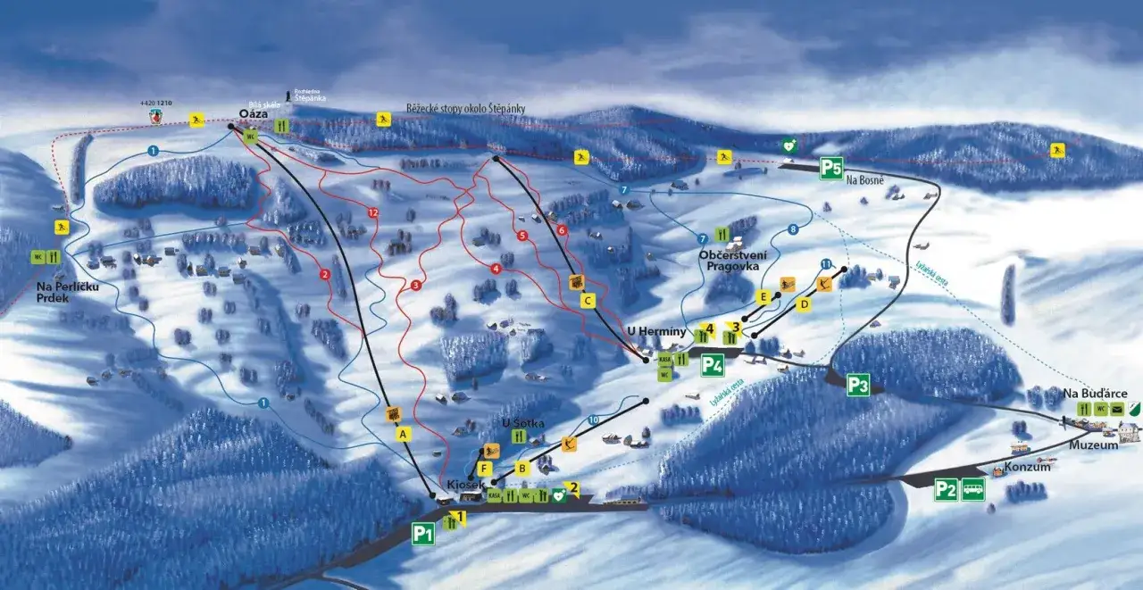 Skigebiet Rokytnice: Karte mit Pisten, Liften, Restaurants und Parkpl&auml;tzen. Ideal f&uuml;r Wintersportler.