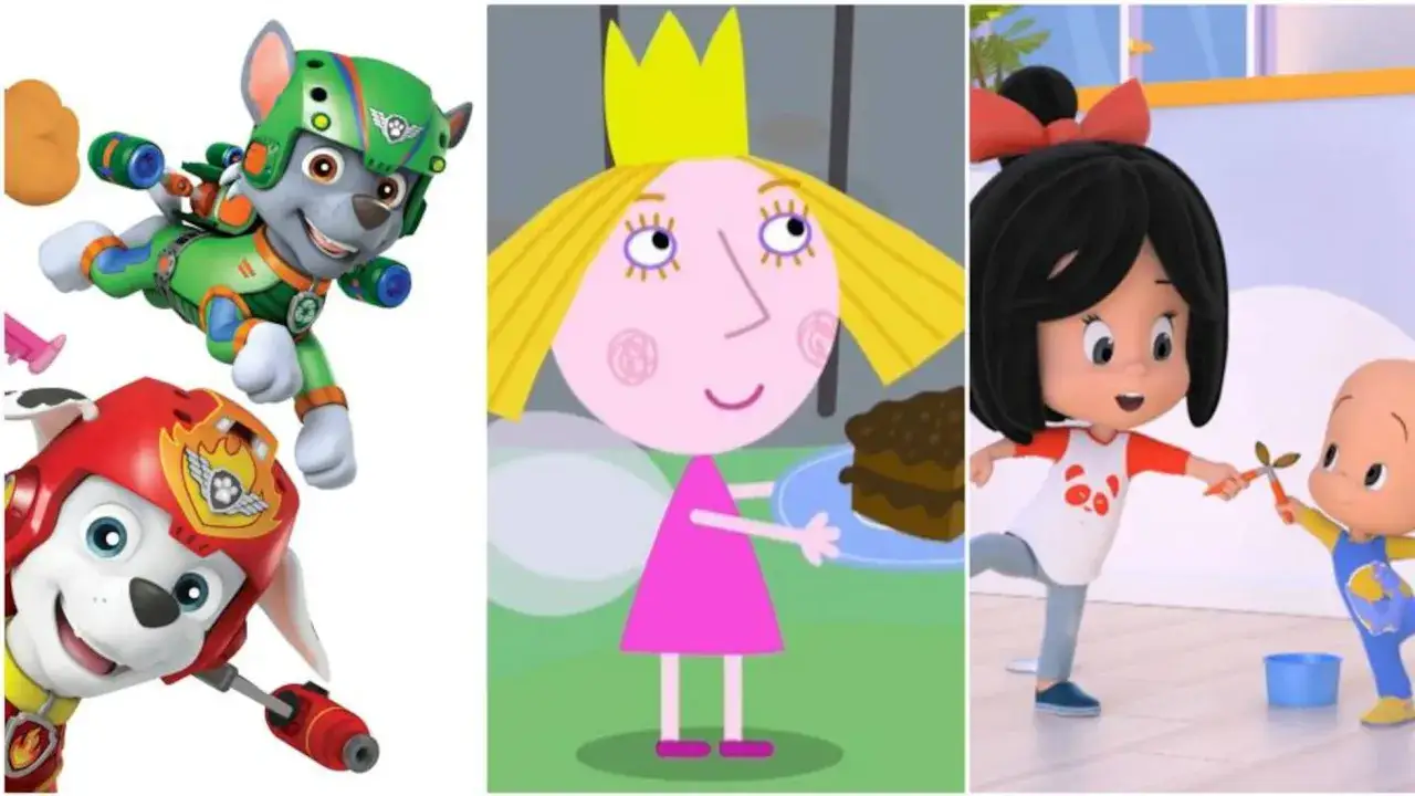 Perros de Paw Patrol, una princesa de cuento y ni&ntilde;os jugando, escenas de series animadas antiguas.
