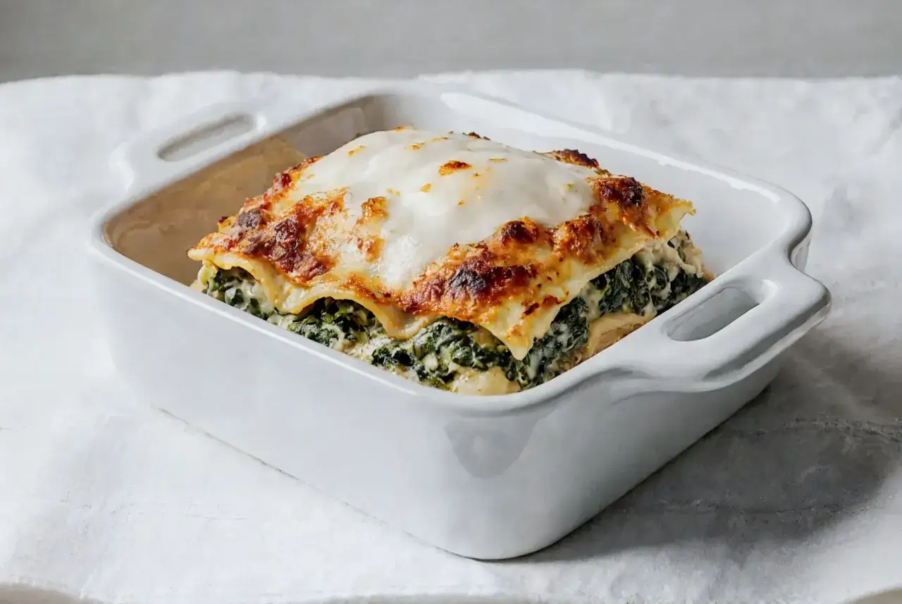 Pyszne lasagne ze szpinakiem, zapieczone pod złotą warstwą sera, prezentuje się apetycznie w białej naczyniu.