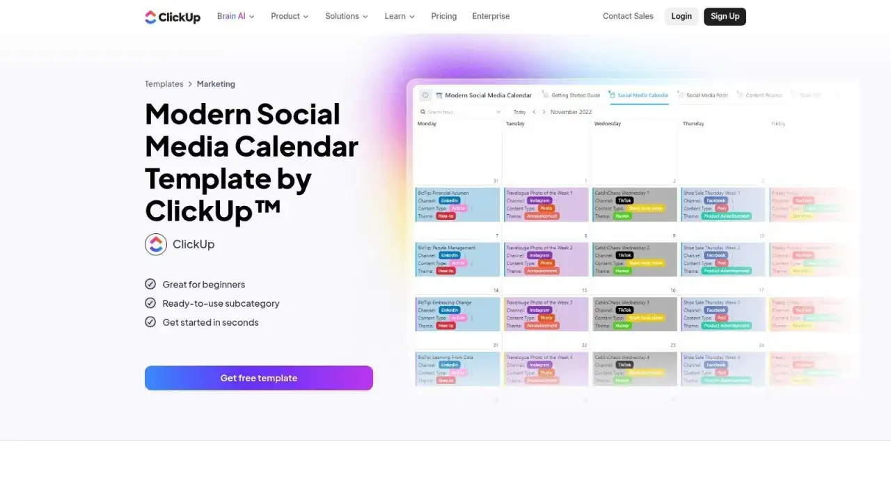 Nowoczesny kalendarz **social media** od ClickUp. Pomaga w planowaniu postów na bloga i inne platformy.