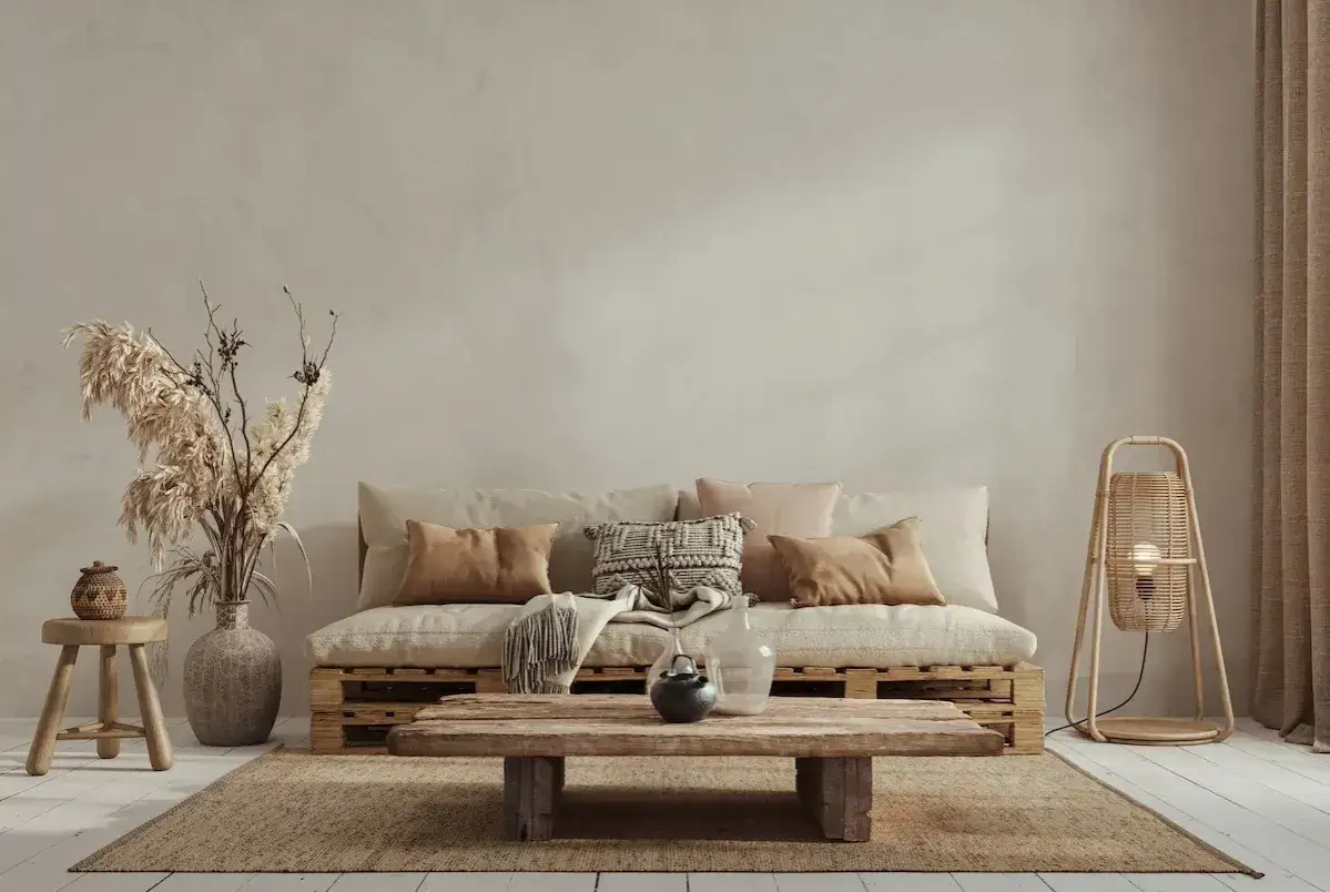 Salotto in stile wabi sabi con divano pallet, tavolino grezzo, cuscini naturali e decorazioni in paglia.
