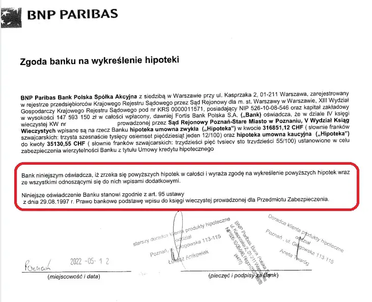 dokument zgoda banku na wykreślenie hipoteki kwit mazalny