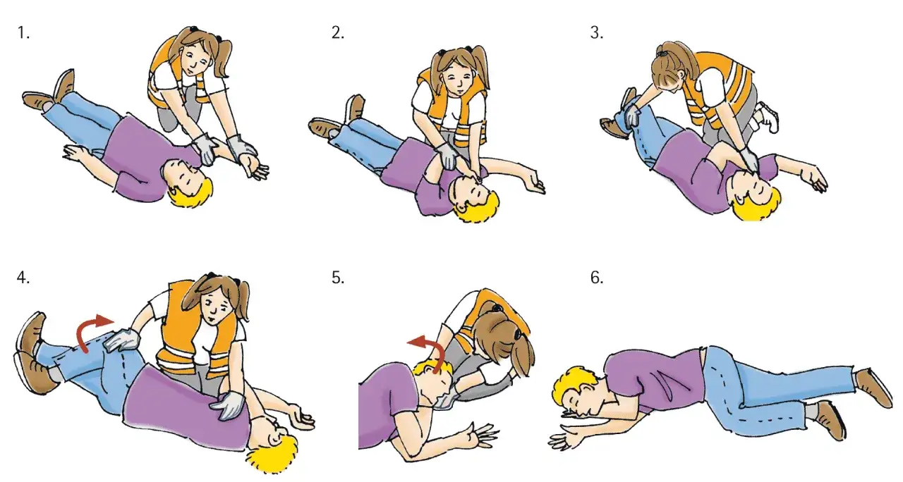 Schritt-für-Schritt-Anleitung zur stabilen Seitenlage: welche Seite ist richtig? Die Bilder zeigen die korrekte Ausführung.