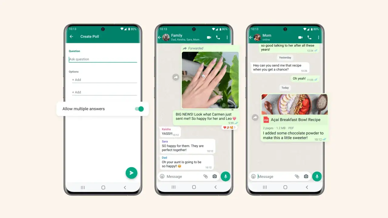 Tworzenie ankiety WhatsApp. Zrzuty ekranu pokazują interfejs tworzenia ankiety, rozmowę rodzinną i rozmowę z mamą.
