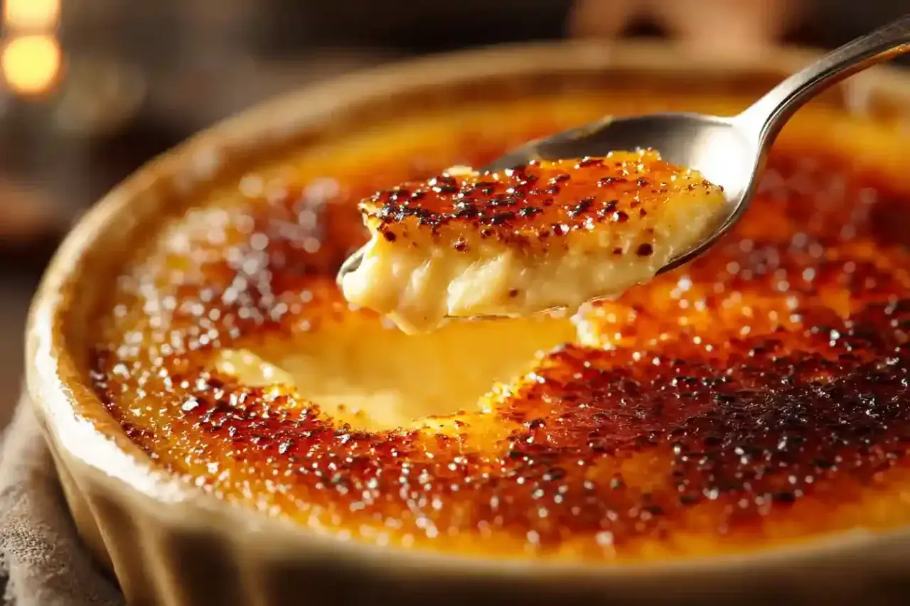 Une cuillère prélève une bouchée crémeuse d'une crème brûlée parfaitement caramélisée. La cuisson est réussie.