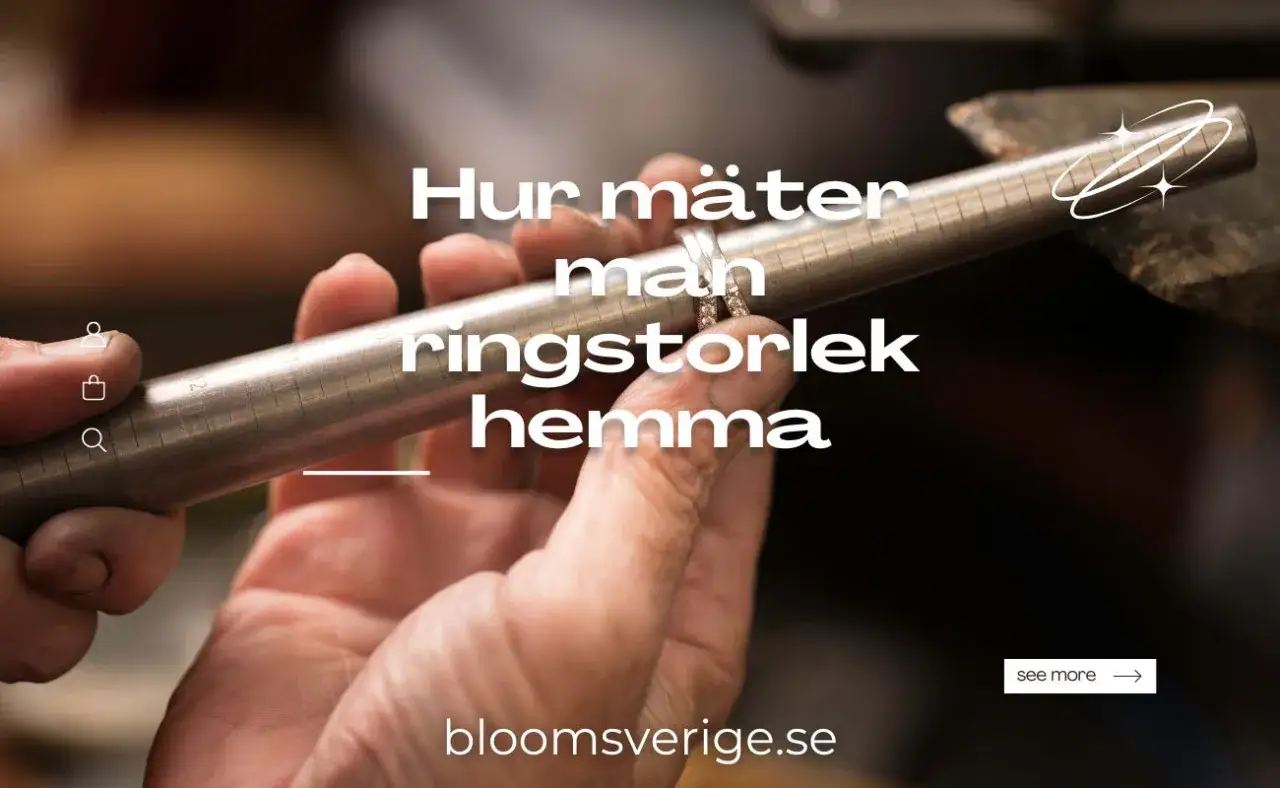 En hand mäter en ring på en ringmätare. Texten