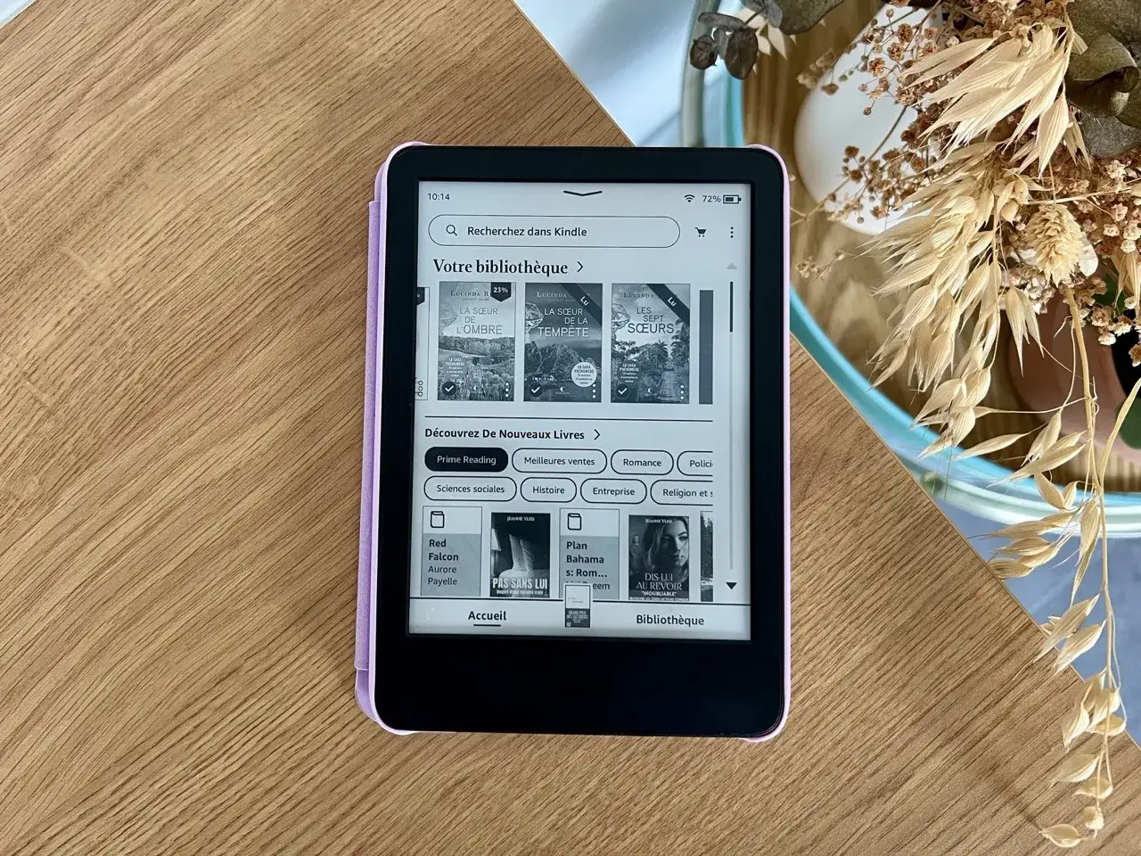 Liseuse Kindle affichant la biblioth&egrave;que et des suggestions de livres, avec le mot-cl&eacute; 