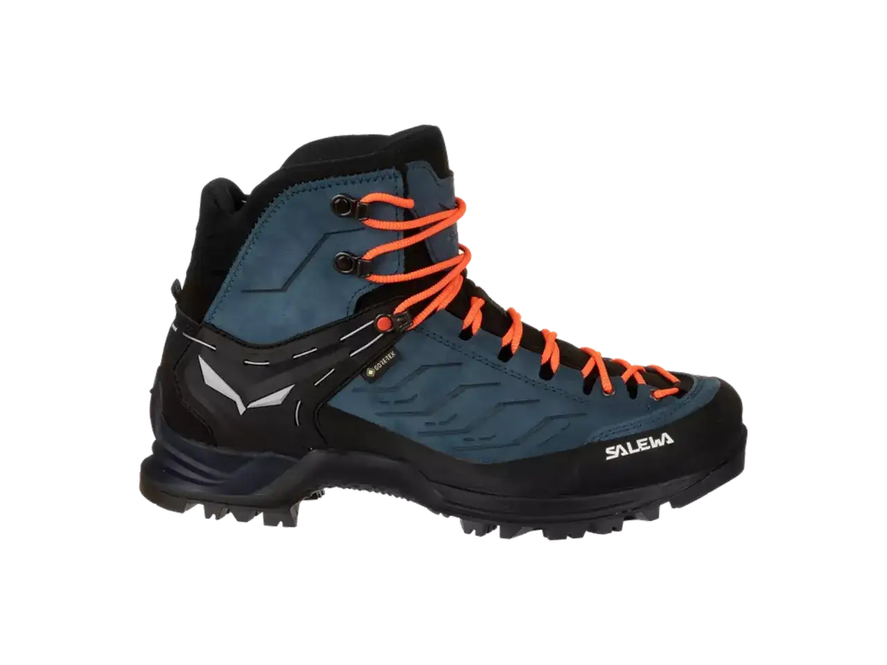 Niebieskie buty trekkingowe Salewa z pomarańczowymi sznurówkami, idealne na lato w góry.