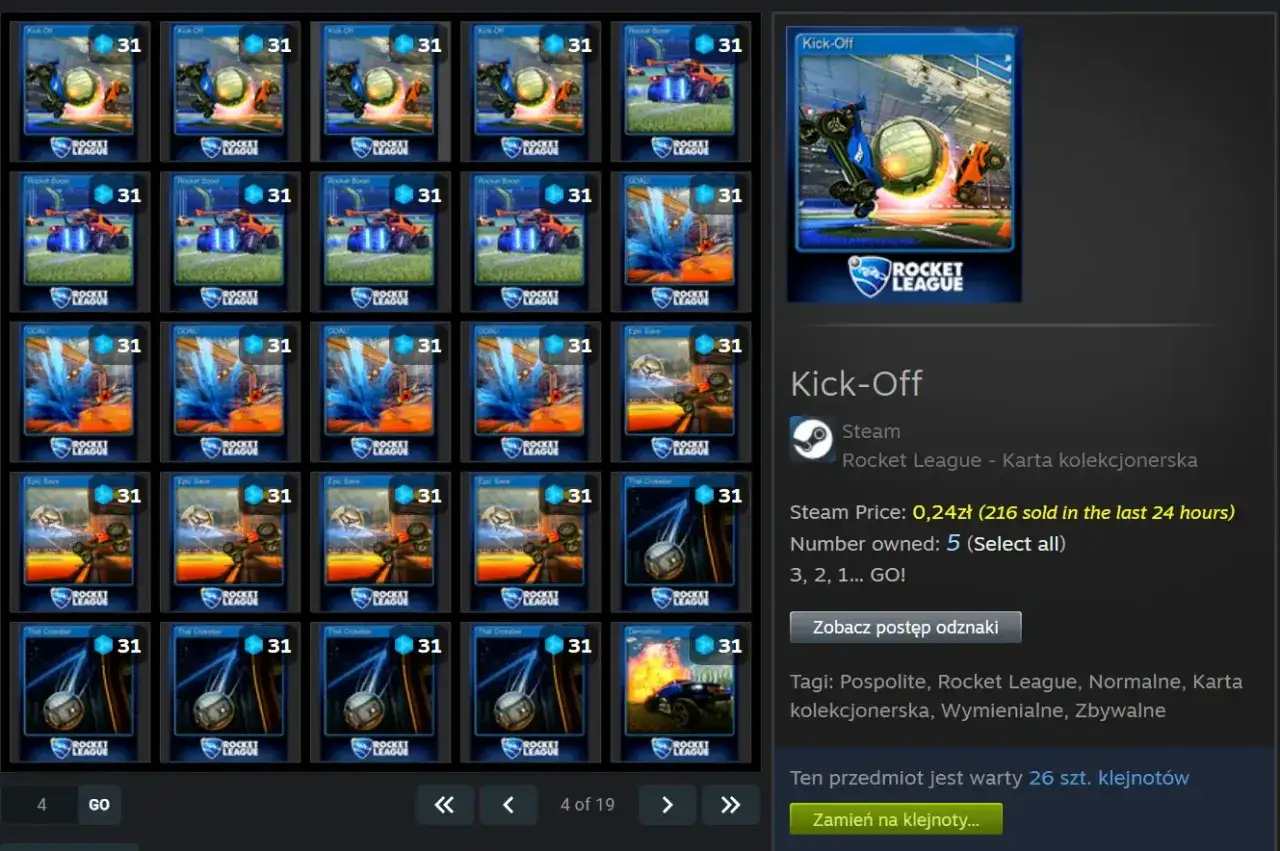 Karty Steam z Rocket League, takie jak 