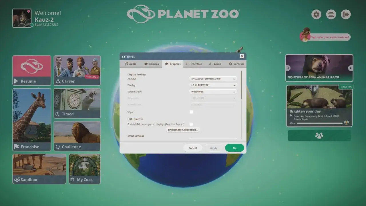 Menu principal de Planet Zoo avec les paramètres d'affichage ouverts. Le joueur ajuste la config pour une meilleure expérience.