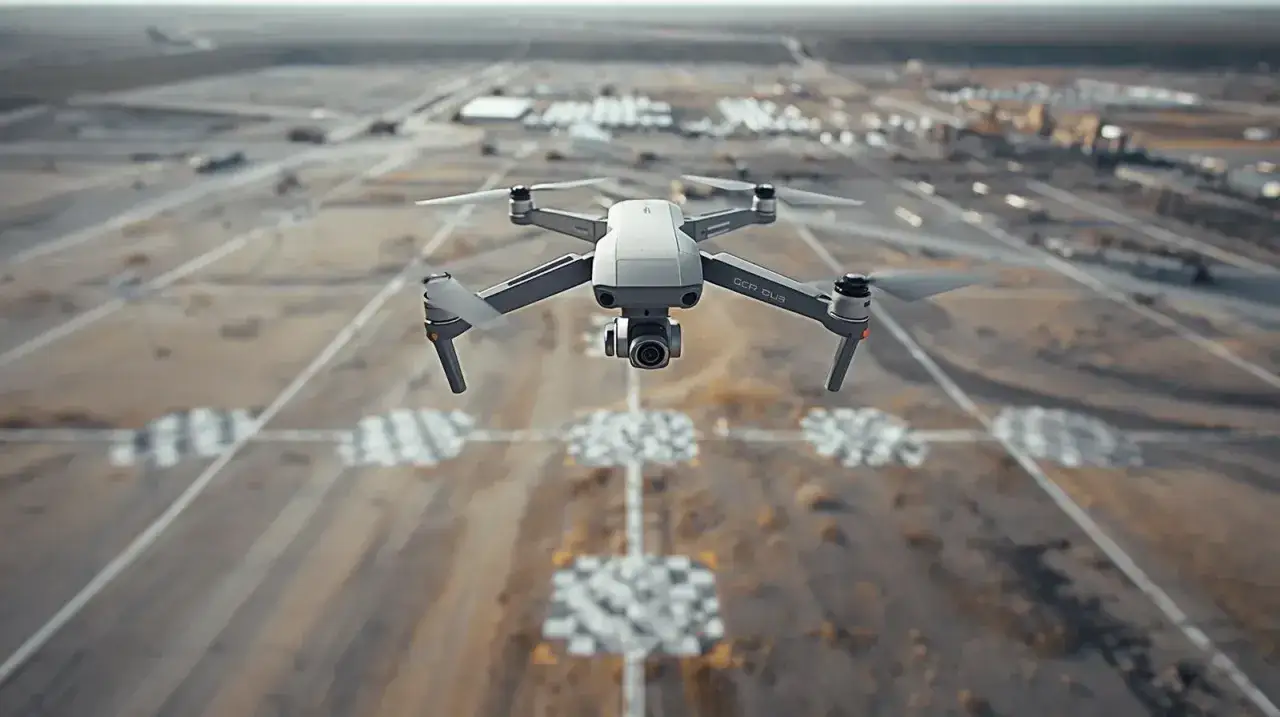 Szary dron wykonuje precyzyjne pomiary dronem nad rozległym, pustynnym terenem z widocznymi obiektami w tle.