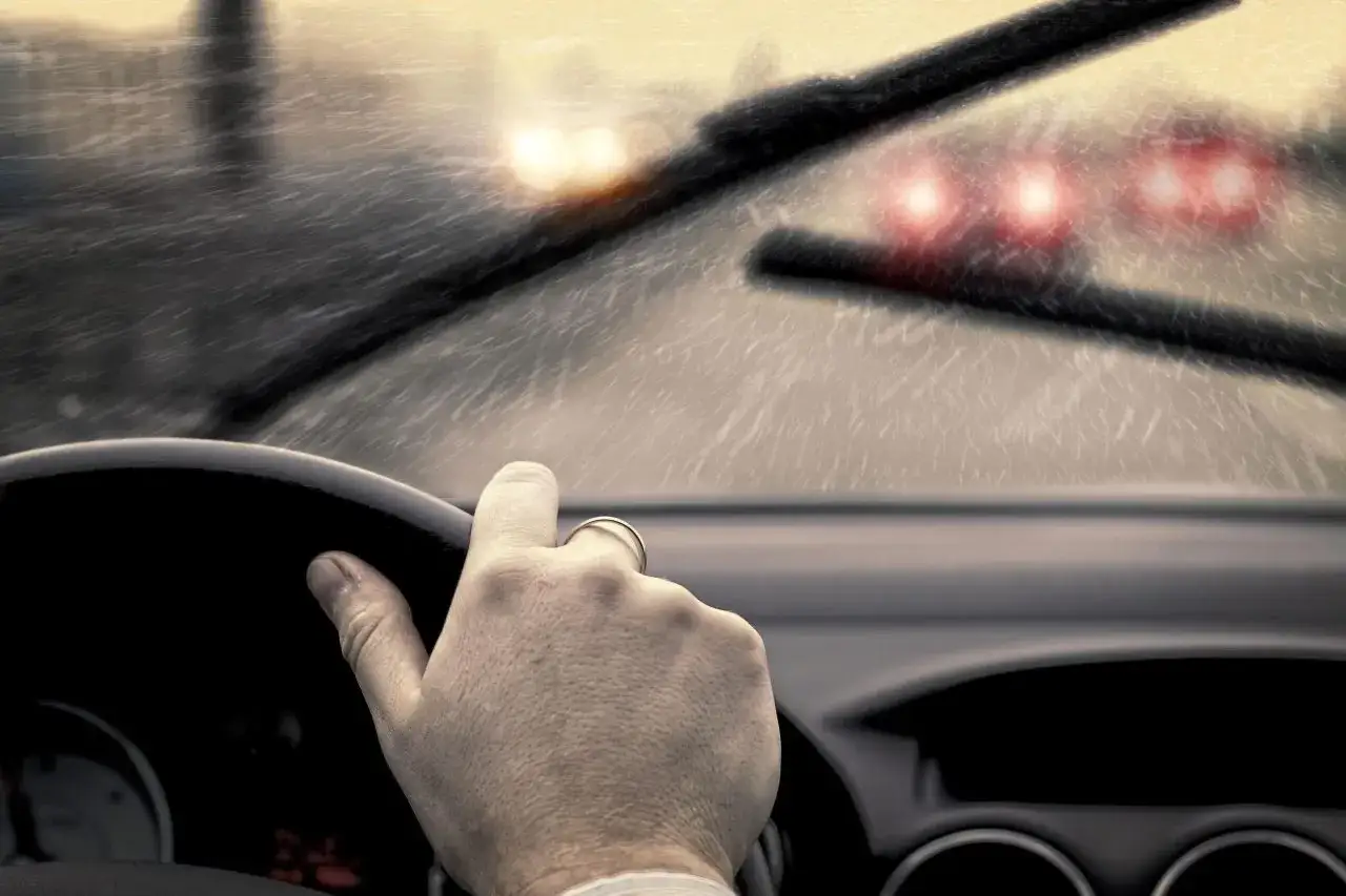 Mano al volante sotto la pioggia battente, visibilità ridotta. L'art. 140 CDS impone prudenza. Luci sfocate di altre auto in lontananza.