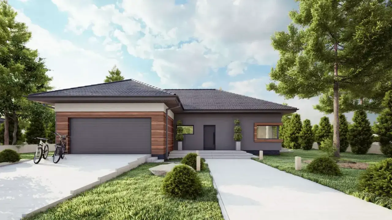 Nowoczesny dom 150m2 z garażem, podjazdem i rowerami. Otoczony zielenią, z dachem pokrytym ciemną dachówką.