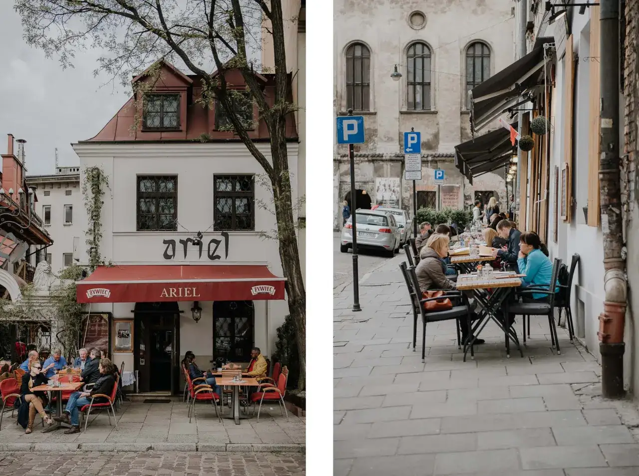 Kawiarnie i restauracje w dzielnicy żydowskiej Kraków. Ludzie siedzą przy stolikach na zewnątrz, ciesząc się posiłkiem i atmosferą.