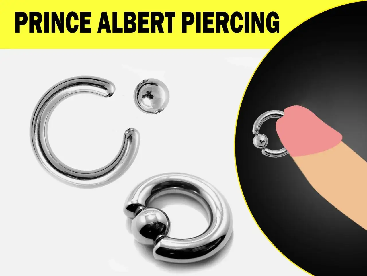 Stalowe kółka i kulka do piercingu, w tym prince albert kolczyk, prezentowane na białym tle.