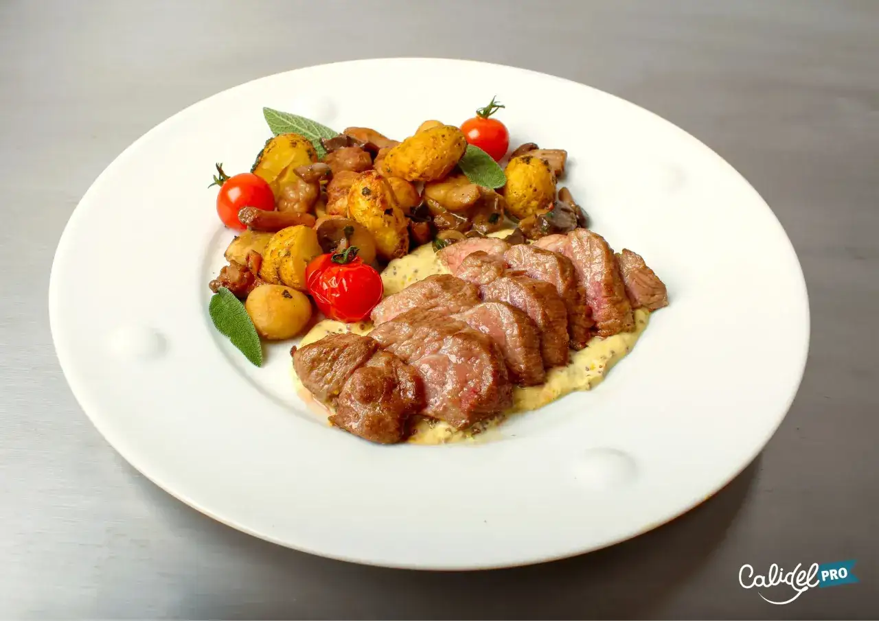 Délicieuse bavette à l'échalote, servie avec des pommes de terre rôties, des tomates cerises et des champignons.