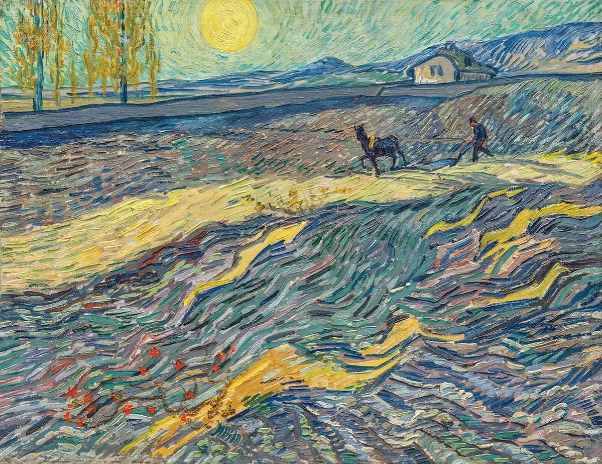 Pola orane przez wołu i rolnika, słońce, drzewa. Van Gogh ciekawostki: to jeden z jego wczesnych obrazów.