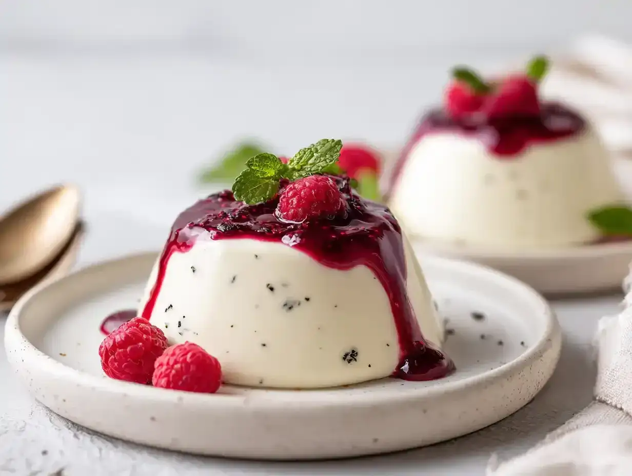 Krämig pannacotta agar agar med hallonsås och färska hallon. En elegant dessert som smälter i munnen.
