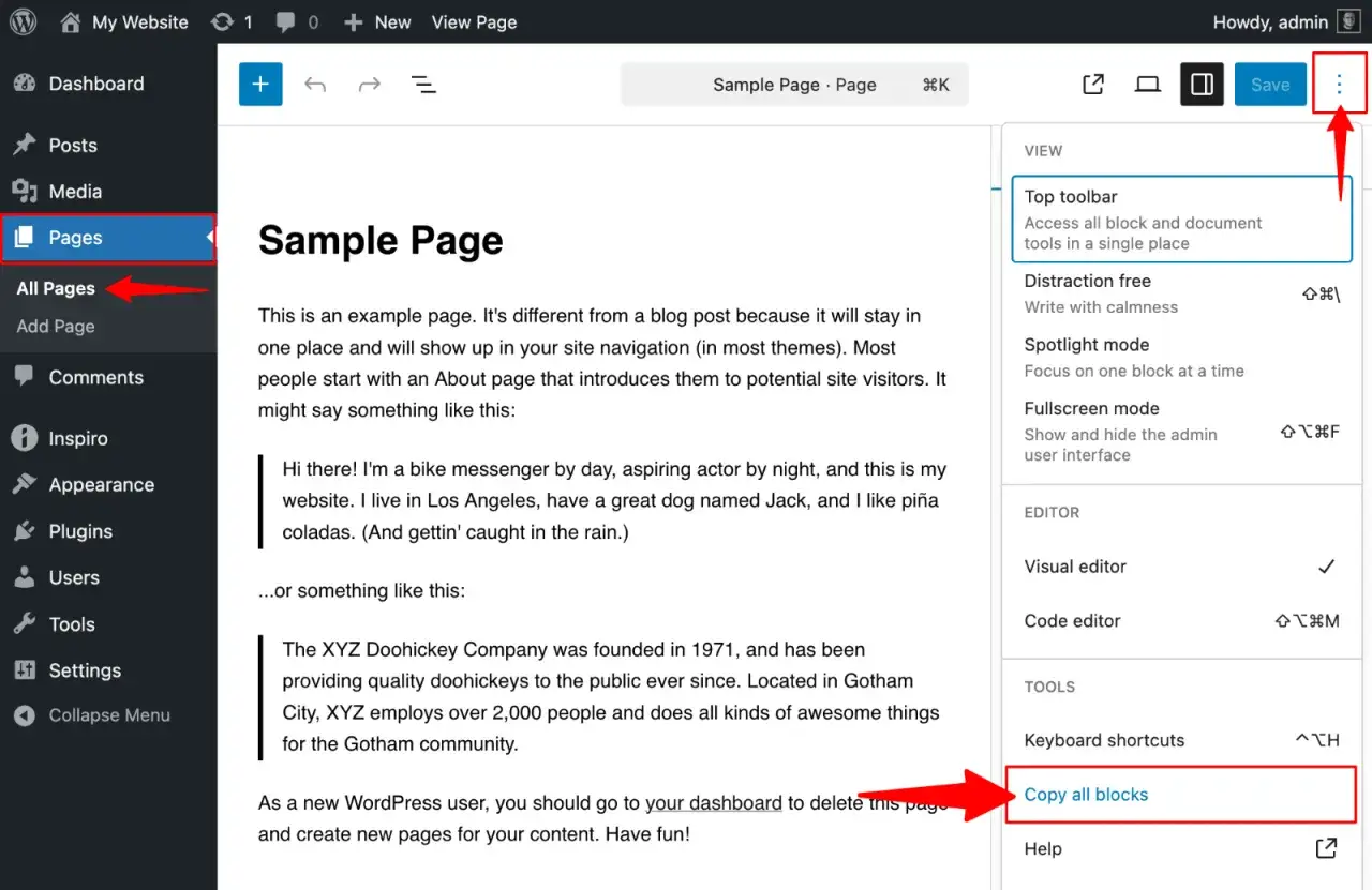 Dans WordPress, pour dupliquer une page, cliquez sur les trois points puis 