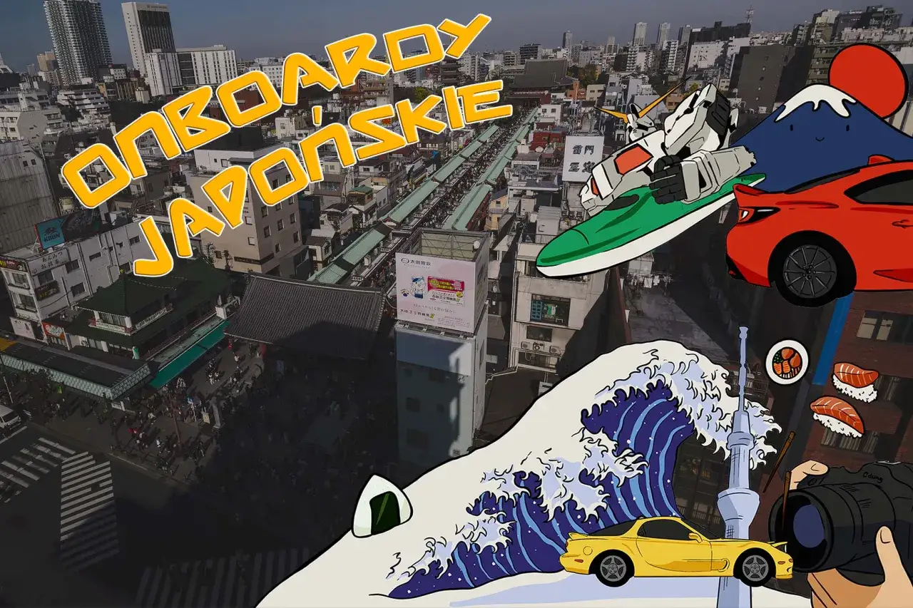 Japonia wyjazd na własną rękę: widok na Tokio, góra Fuji, robot, samochody, sushi i fala.