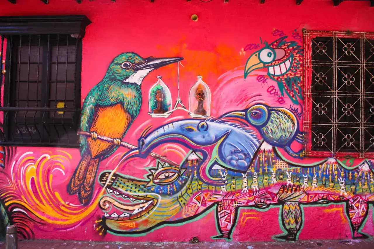Vibrant street art adorns a pink wall in this art district, featuring a kingfisher, a blue creature, and a grinning bird.