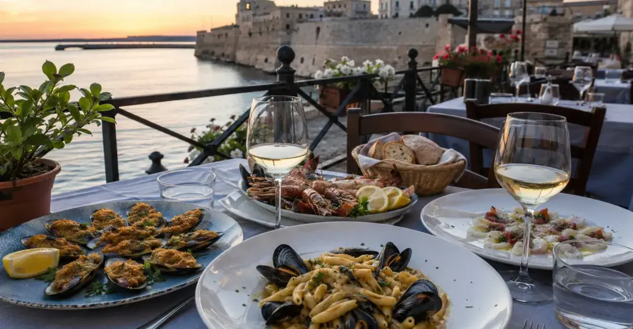 Un tavolo con vista sul mare, apparecchiato con gustosi piatti tipici tarantini: cozze gratinate, pasta con frutti di mare e un vassoio di crostacei.