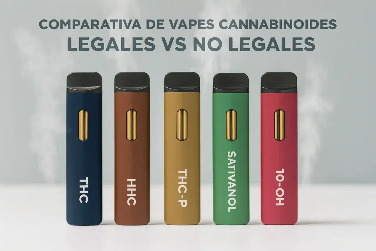 Cinco vapers de colores, cada uno con un nombre de cannabinoide. Ideal para quienes buscan comprar vaper CBD legal y seguro.