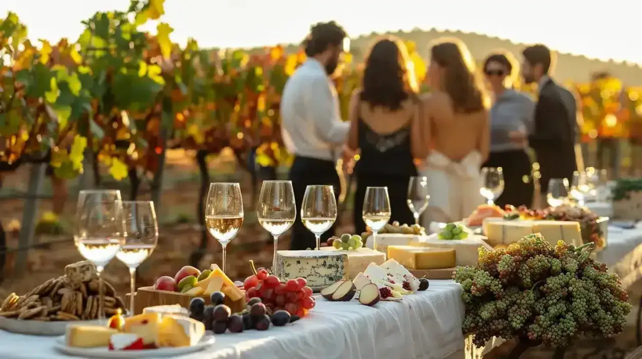 Un buffet de fromages et de fruits dans un vignoble, avec des invit&eacute;s en arri&egrave;re-plan. Une belle sc&egrave;ne pour la f&ecirc;te de mariage.