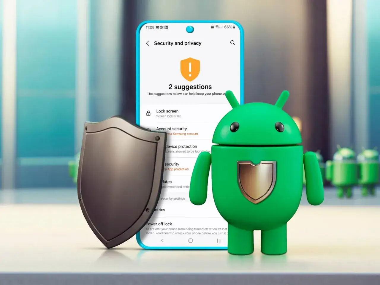 Zielony robot Android z tarczą symbolizuje bezpieczeństwo, a obok niego telefon z ustawieniami prywatności i ochrony. To idealny antywirus android.