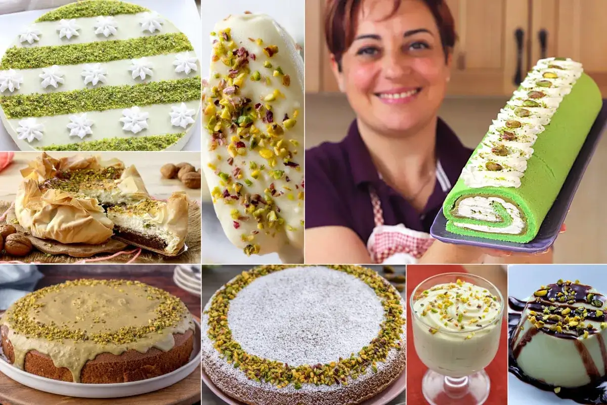 Collage di dolci al pistacchio: torte, rotolo, gelato e altro ancora. Una festa per gli occhi e per il palato!