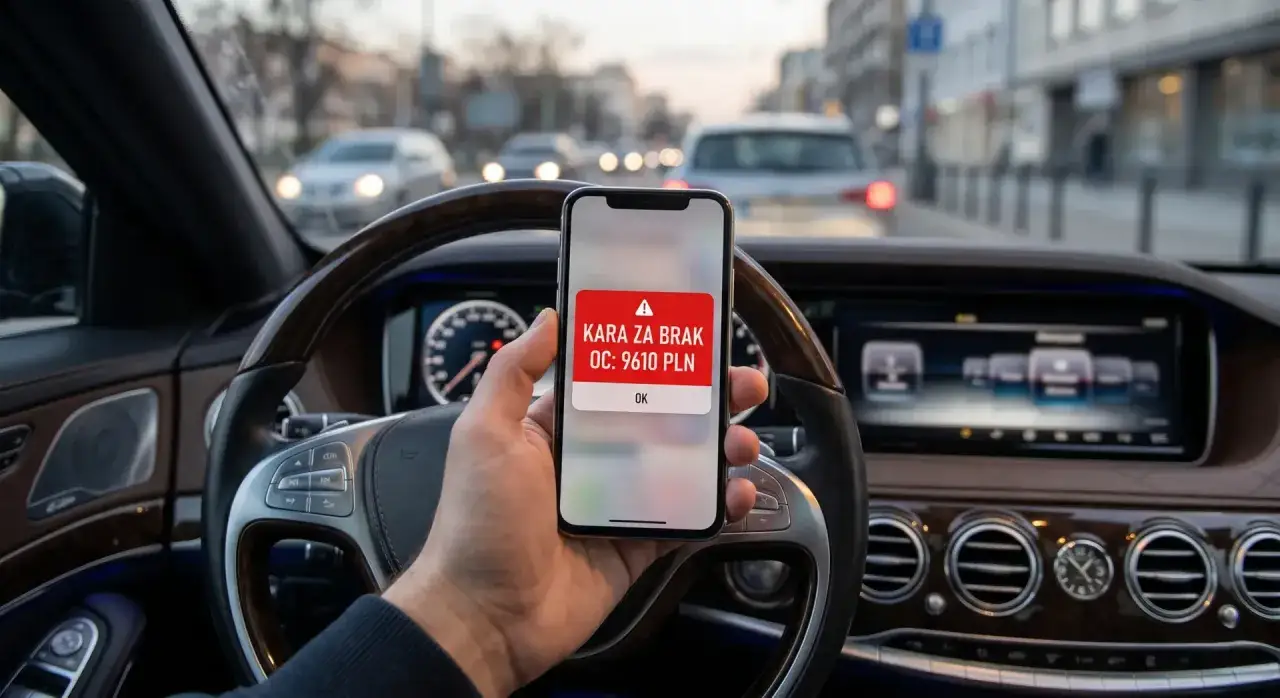 Kierowca w luksusowym aucie widzi na telefonie komunikat: 