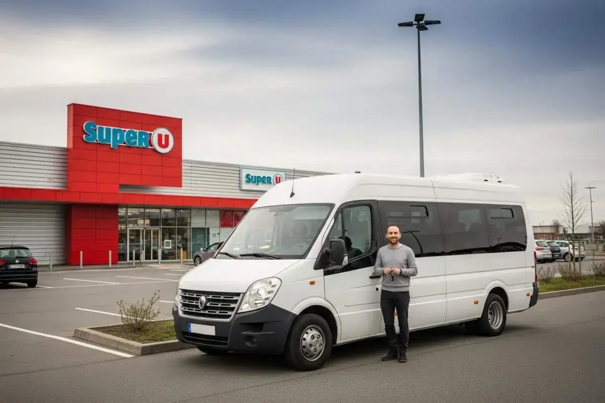 Un homme souriant se tient à côté d'un mini bus blanc, prêt à partir faire des courses au Super U. Ce véhicule est accessible avec un permis B.