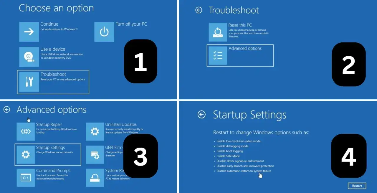 Ekran wyboru opcji w Windows 11. Widoczne opcje: Kontynuuj, Użyj urządzenia, Rozwiąż problemy, Ustawienia zaawansowane, Ustawienia uruchamiania. To jest tryb awaryjny Windows 11.
