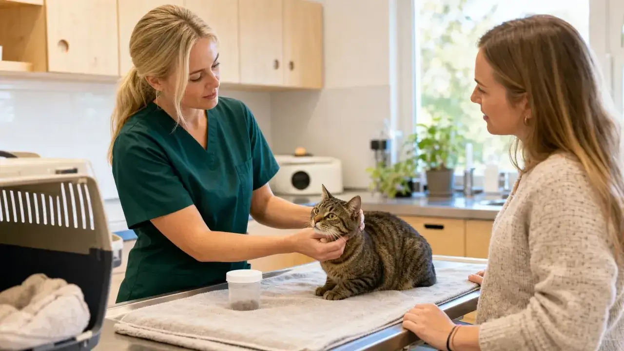 Veterinär undersöker en katt som har problem med kattdiarré. En ägare står bredvid.