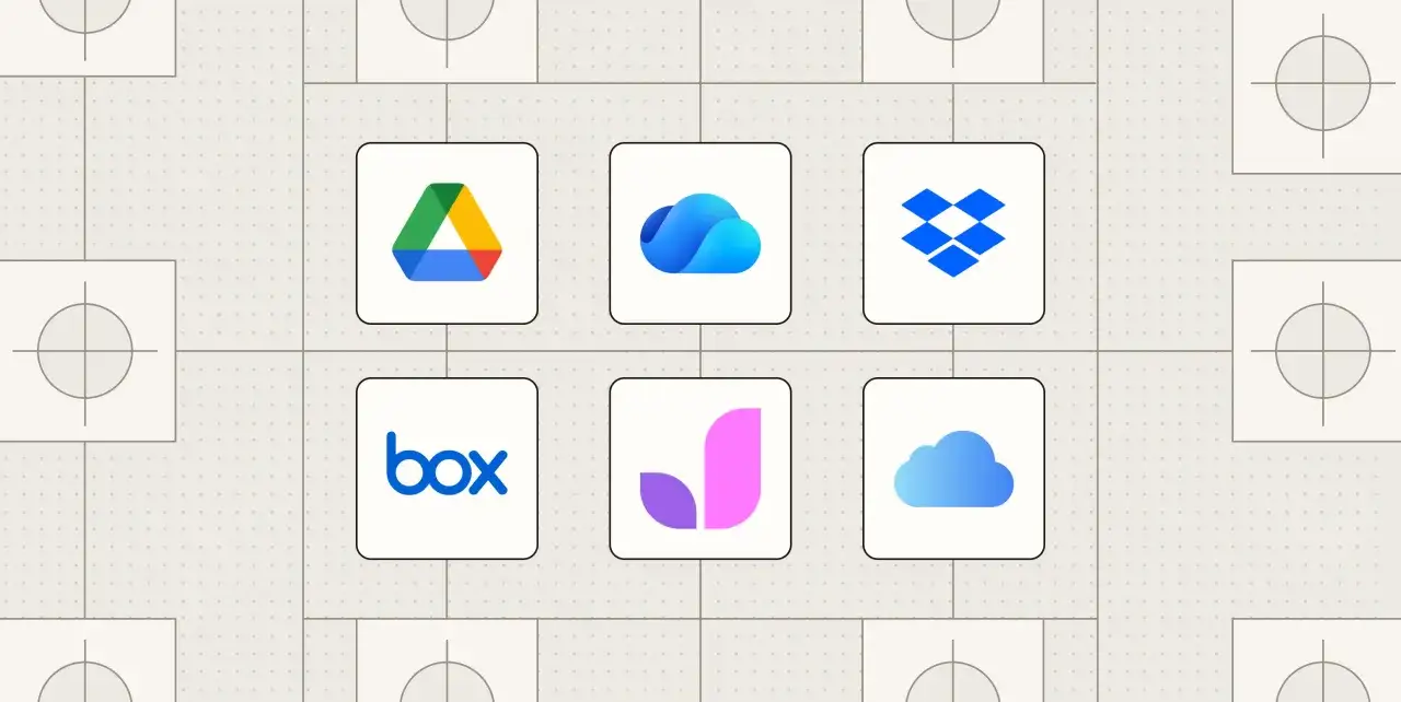 Ikony usług chmura internetowa: Google Drive, Microsoft OneDrive, Dropbox, Box, Jive, iCloud.