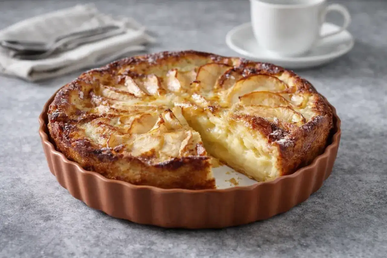 Un d&eacute;licieux flan aux pommes, dor&eacute; et moelleux, pr&ecirc;t &agrave; &ecirc;tre d&eacute;gust&eacute;. Une part a &eacute;t&eacute; retir&eacute;e, r&eacute;v&eacute;lant sa texture cr&eacute;meuse.