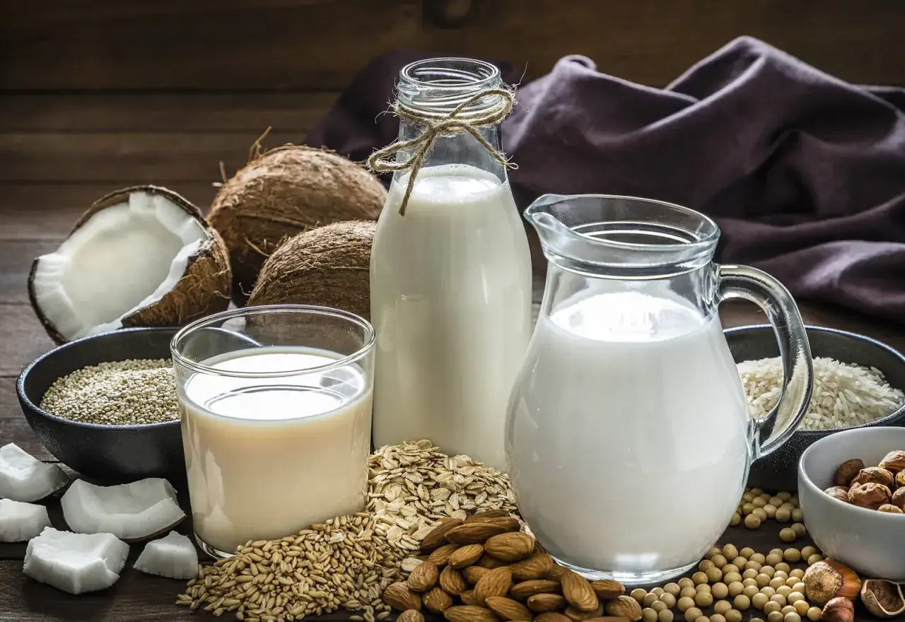 Variados tipos de leche vegetal: coco, almendra, avena, arroz y soja, junto a sus ingredientes.