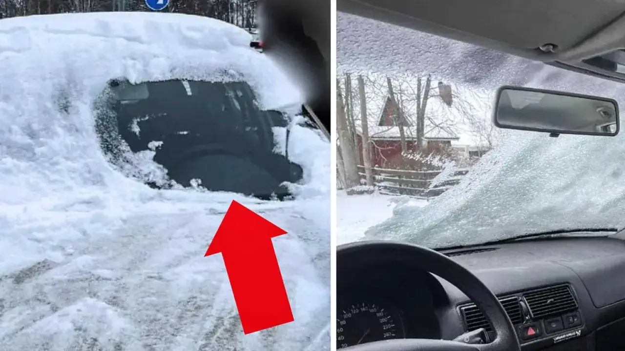 Bilen &auml;r t&auml;ckt av sn&ouml; och is. En r&ouml;d pil pekar mot en sn&ouml;fri ruta, men resten av bilrutorna &auml;r isfria.
