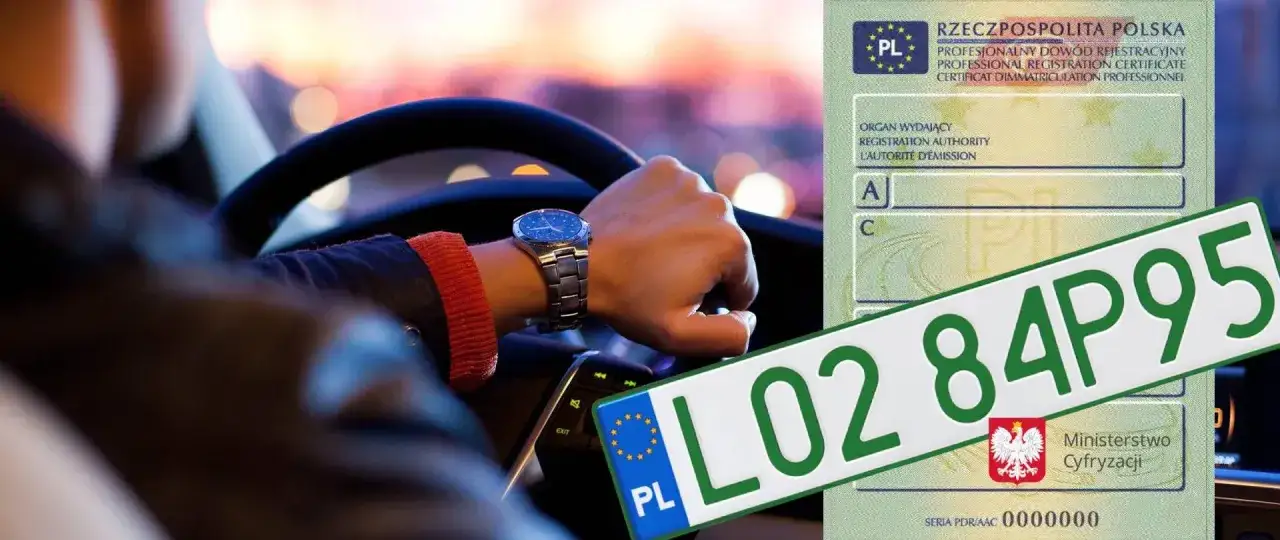 Ręce na kierownicy, zegarek na nadgarstku i polskie rejestracje samochodowe L02 84P95.